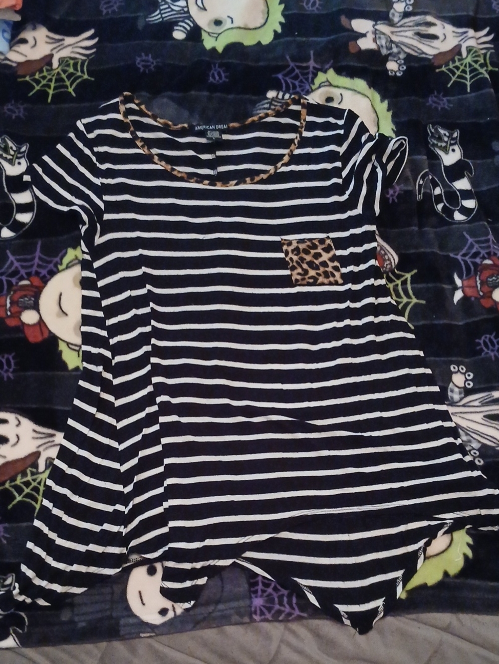 American Dream Black & White Striped Tee with Leopard Accent